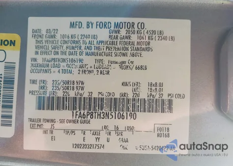 2022 Ford Mustang Ecoboost Premium Fastback from USA, damaged, VIN 1FA6P8TH3N5106190